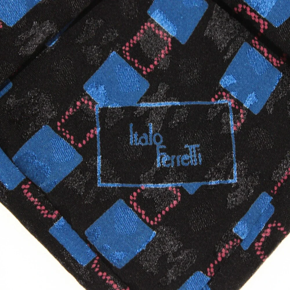 Italo Ferretti NWT Neck Tie in Black with Blue & Red Geometric Print 100% Silk
